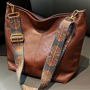 NEW Elegant Brown PU Leather Shoulder Bag with Patterned Strap